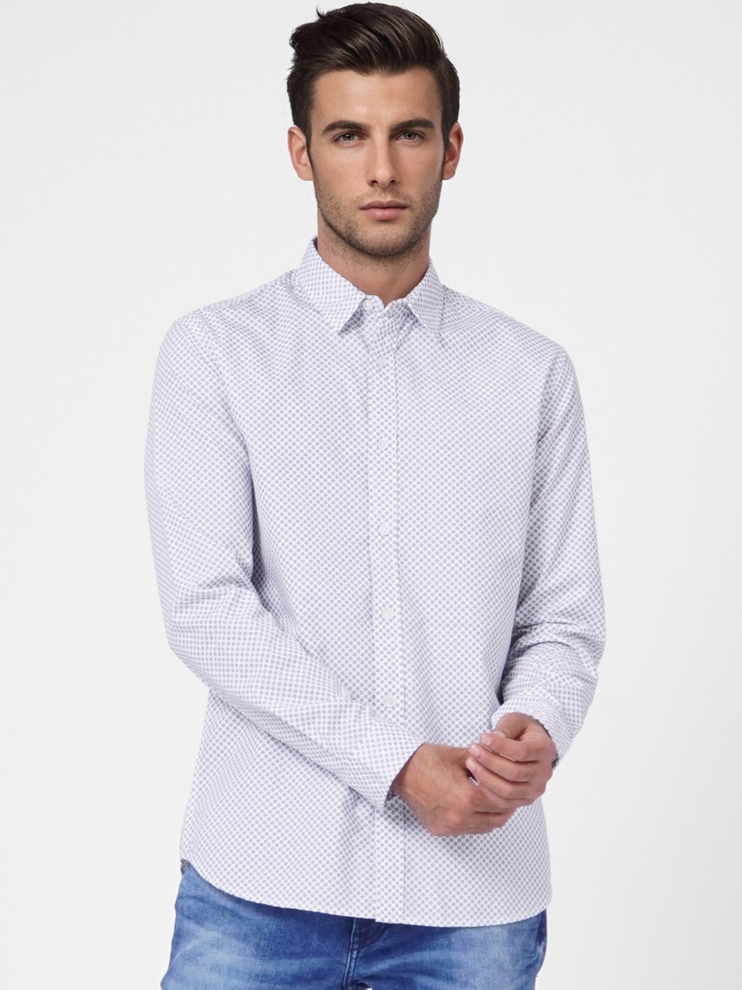 

Jack & Jones Men White Cotton Slim Fit Printed Casual Shirt