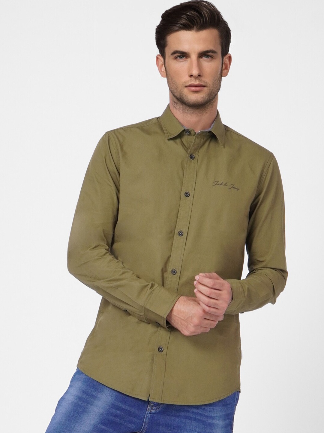 

Jack & Jones Men Green Cotton Slim Fit Casual Shirt