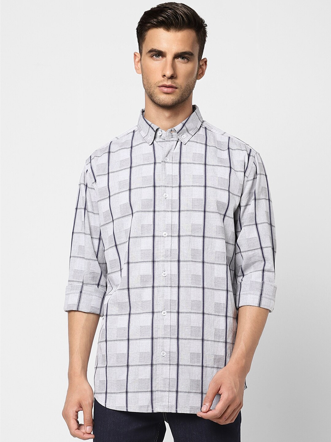

Jack & Jones Men Grey Cotton Grid Tattersall Checks Checked Casual Shirt