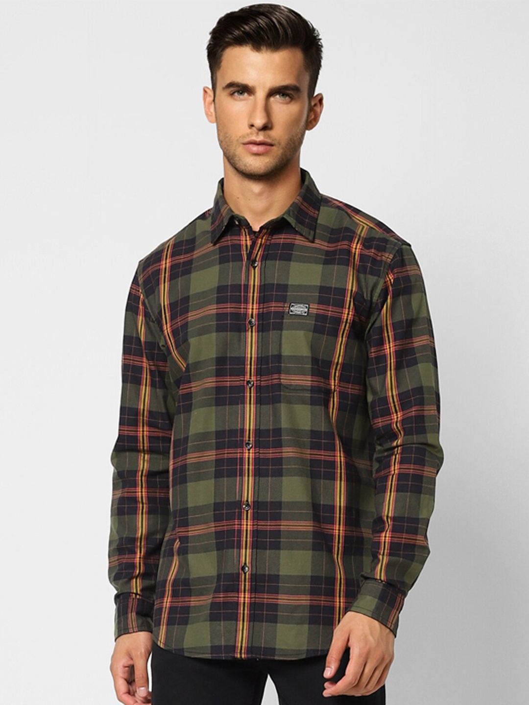 

Jack & Jones Men Green Cotton Tartan Checks Checked Casual Shirt