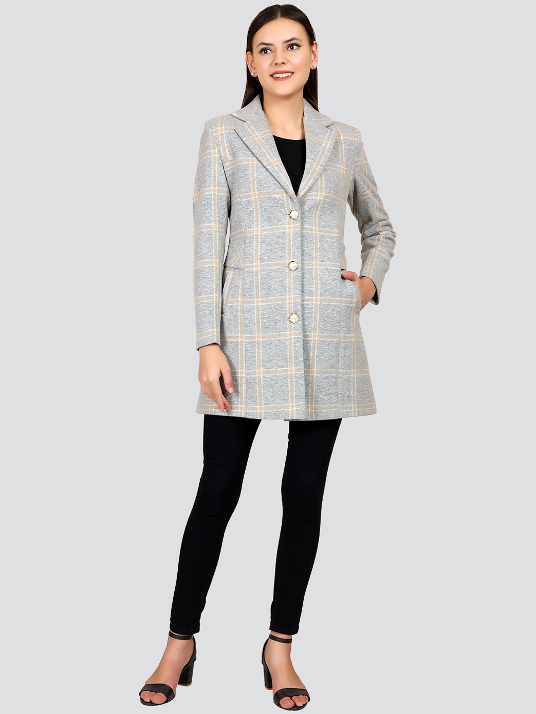 

YOUNG CLUB CLASSIC Women Sky Blue Checked Hip-Length Suede Overcoat