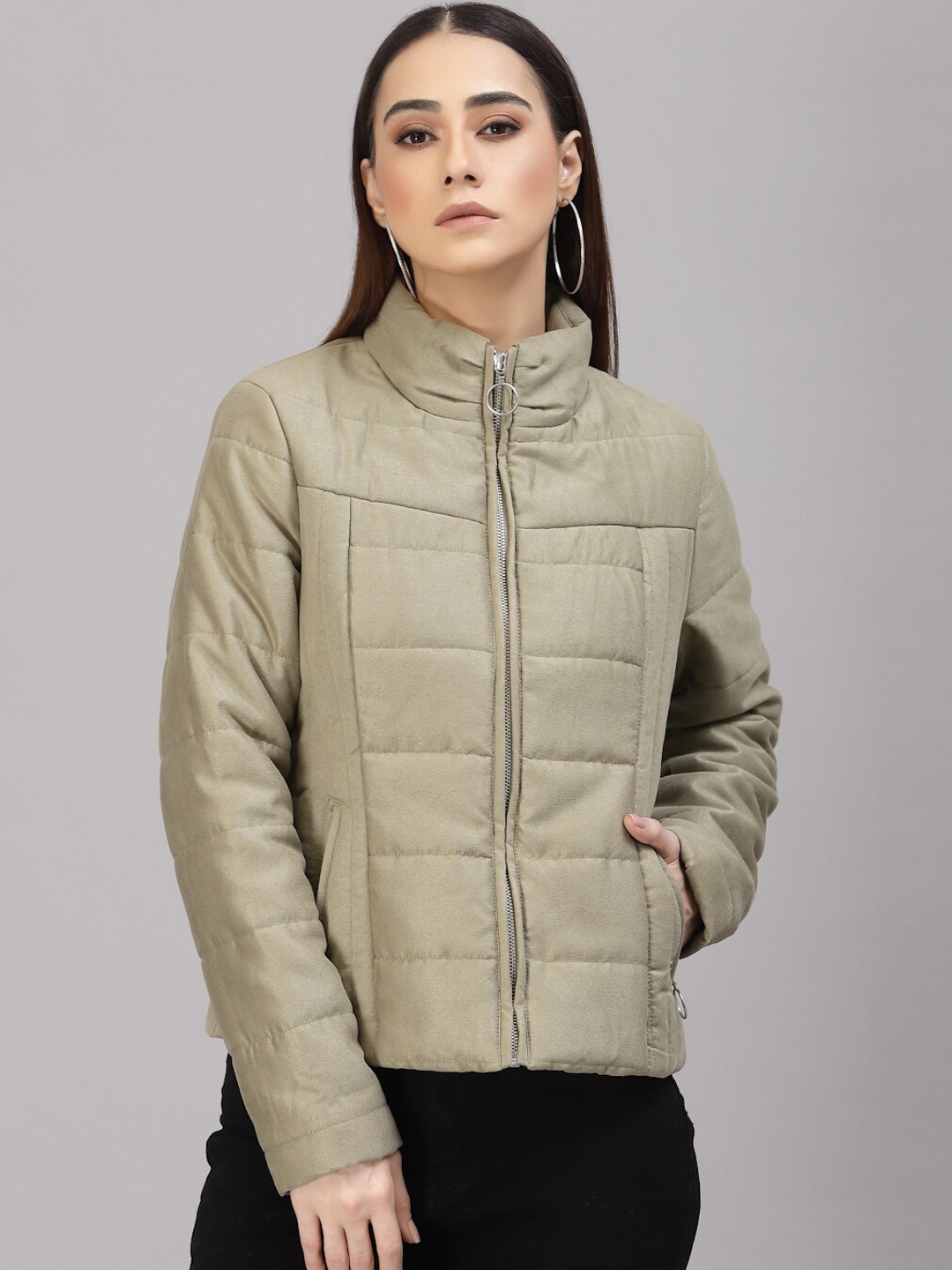 

Gipsy Women Green Suede Dry Fit Puffer Jacket