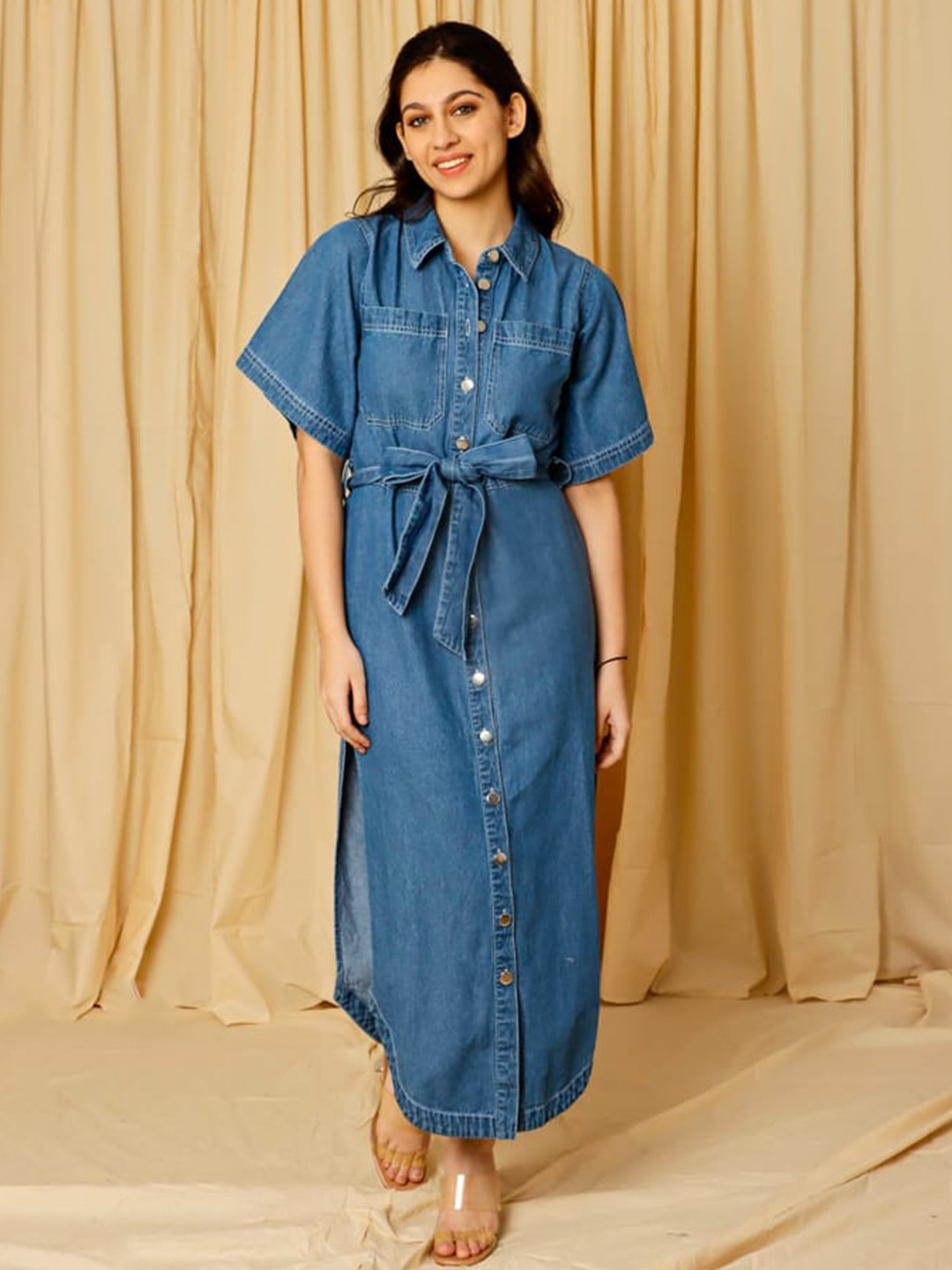 

ELEVEN.O.ONE Blue Belted Shirt Maxi Dress