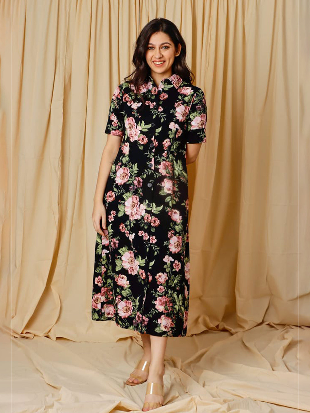 

ELEVEN.O.ONE Black Floral Printed Shirt Midi Dress