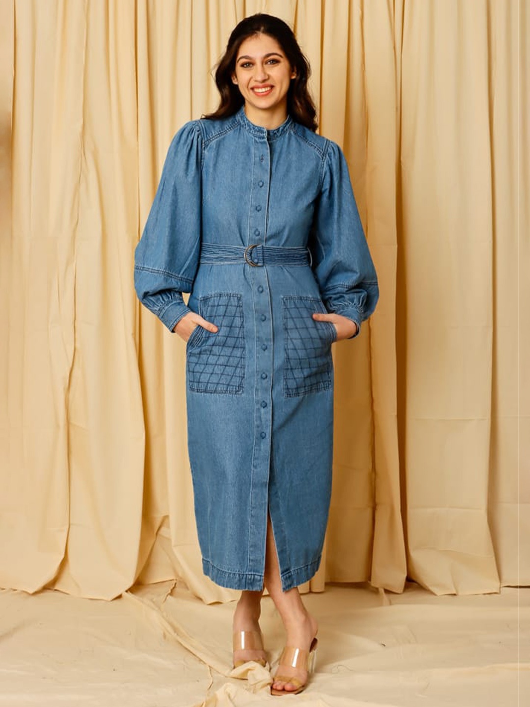

ELEVEN.O.ONE Blue Mock Neck Sheath Maxi Dress