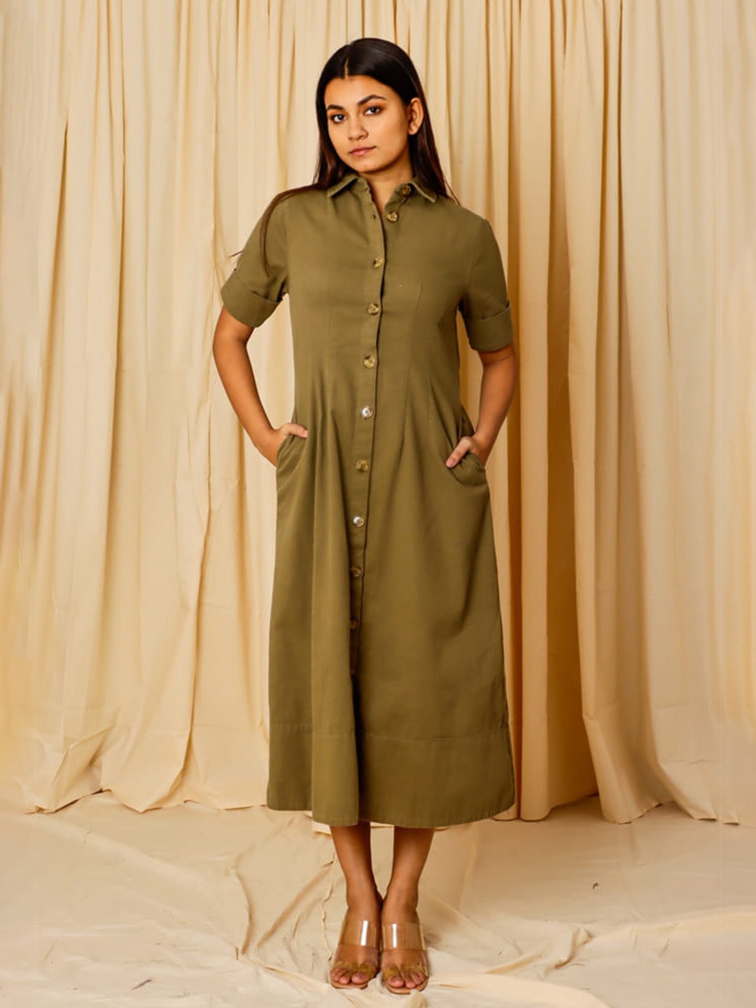 

ELEVEN.O.ONE Olive Green Midi Shirt Dress