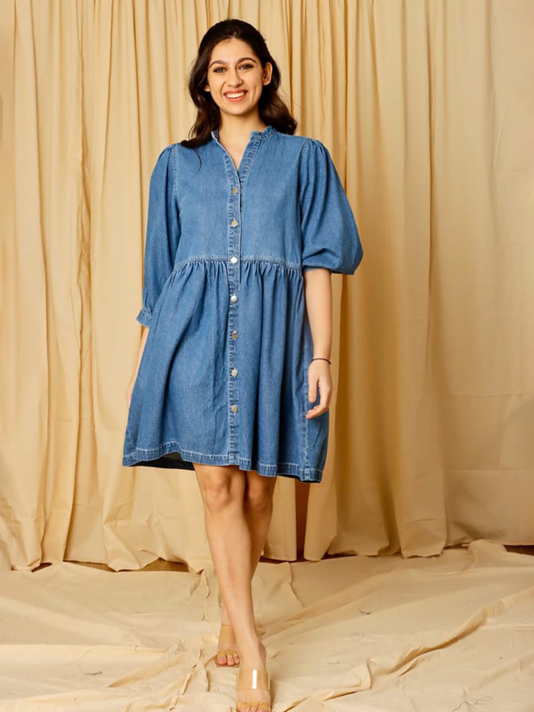 

ELEVEN.O.ONE Blue Puff Sleeves Fit & Flare Dress
