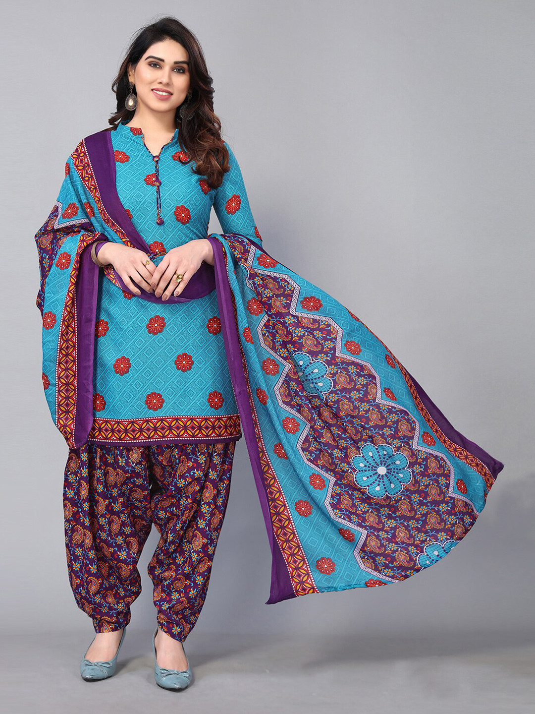 

KALINI Blue & Red Printed Unstitched Dress Material