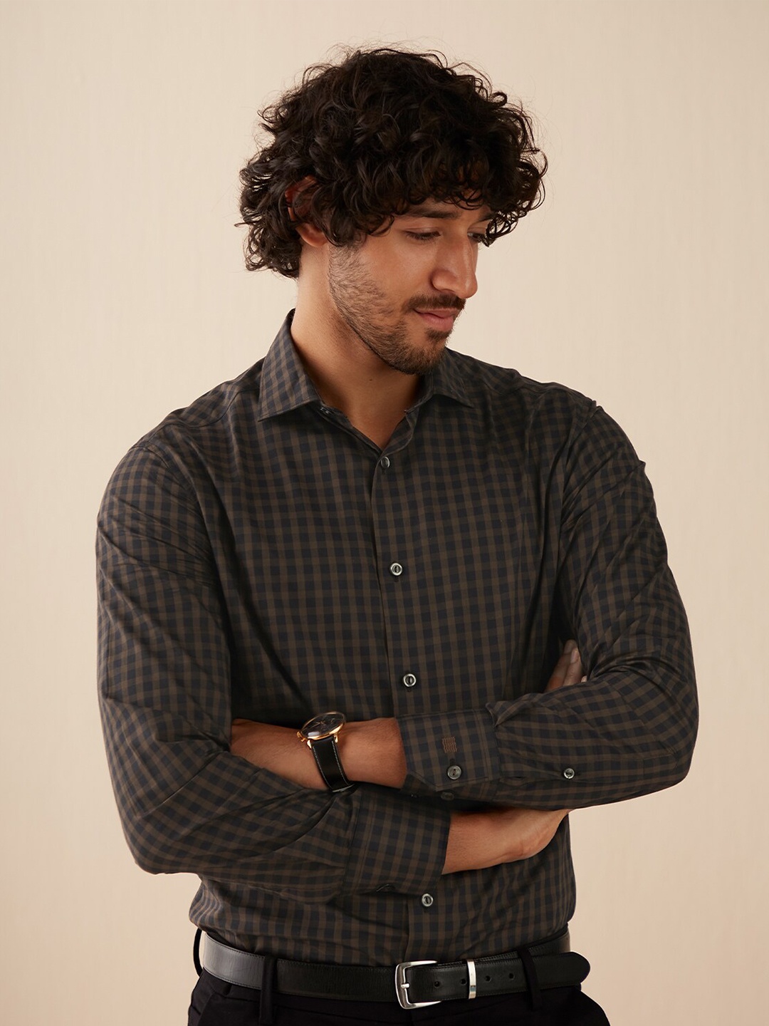 

Andamen Men Brown & Black Checked Cotton Formal Shirt