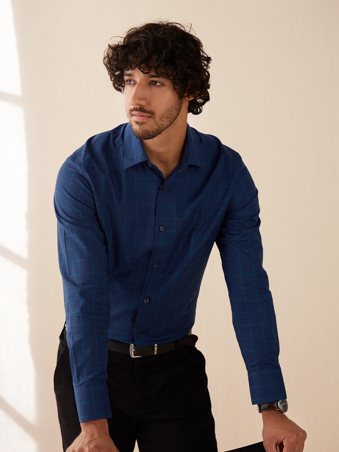 

Andamen Men Navy Blue Checked Cotton Formal Shirt