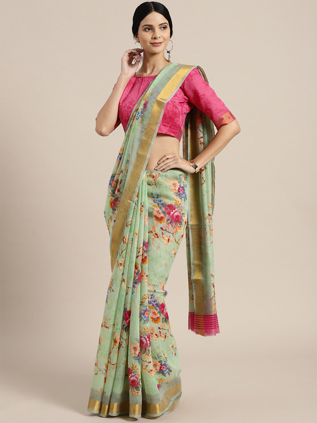 

KALINI Green & Pink Floral Zari Linen Blend Saree