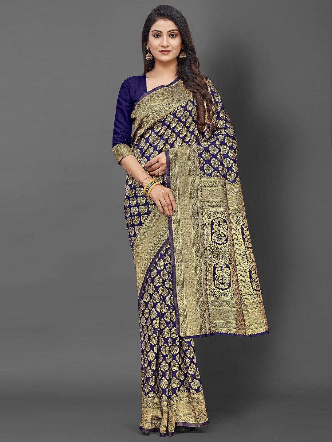 

KALINI Navy Blue & Gold-Toned Woven Design Zari Silk Blend Banarasi Saree