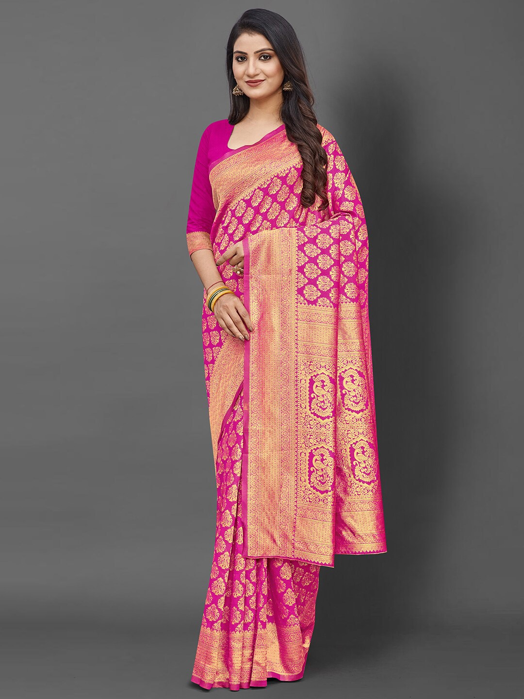 

KALINI Pink & Gold-Toned Woven Design Zari Silk Blend Banarasi Saree