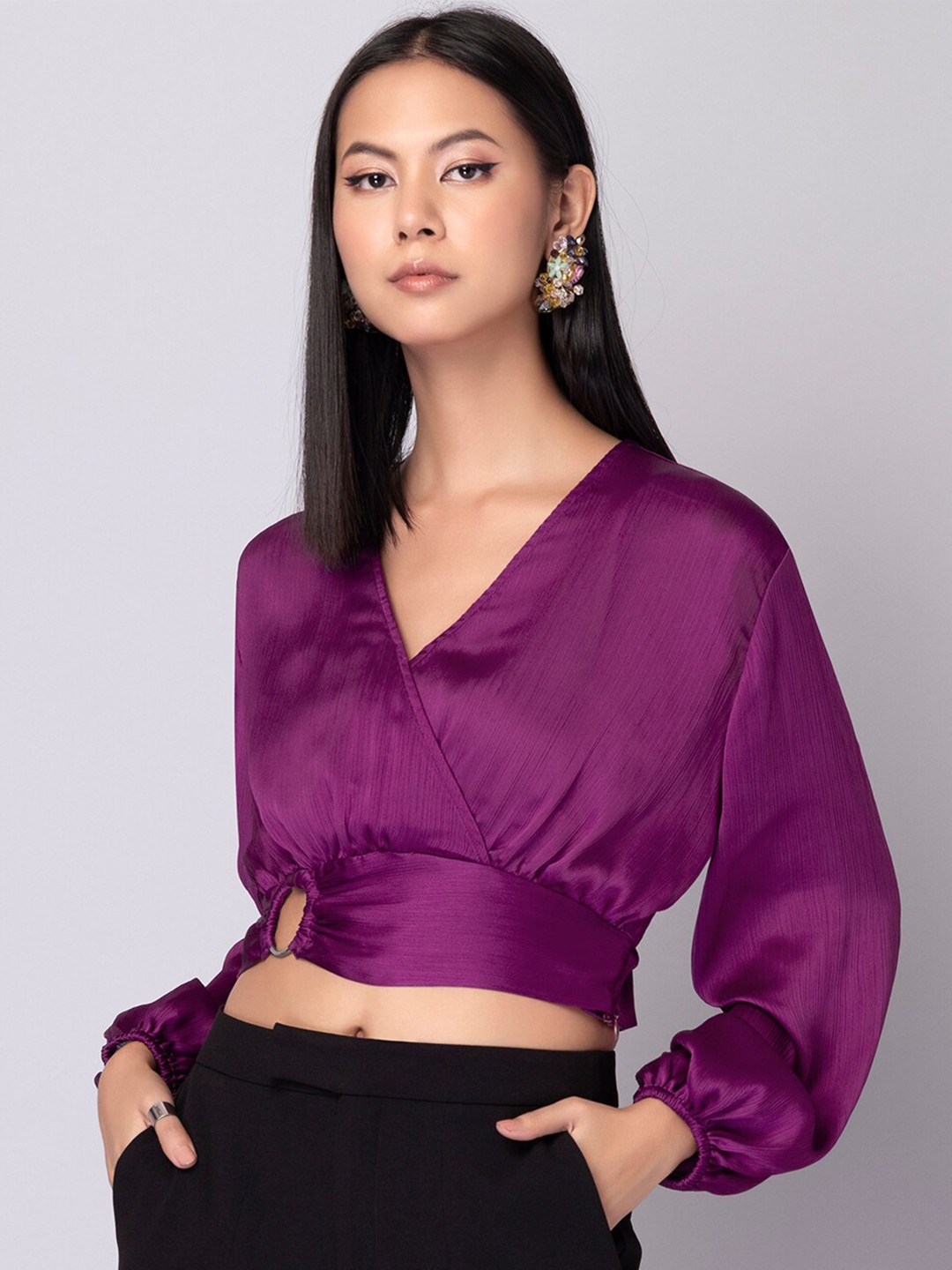 

FabAlley Pink Satin Wrap Crop Top