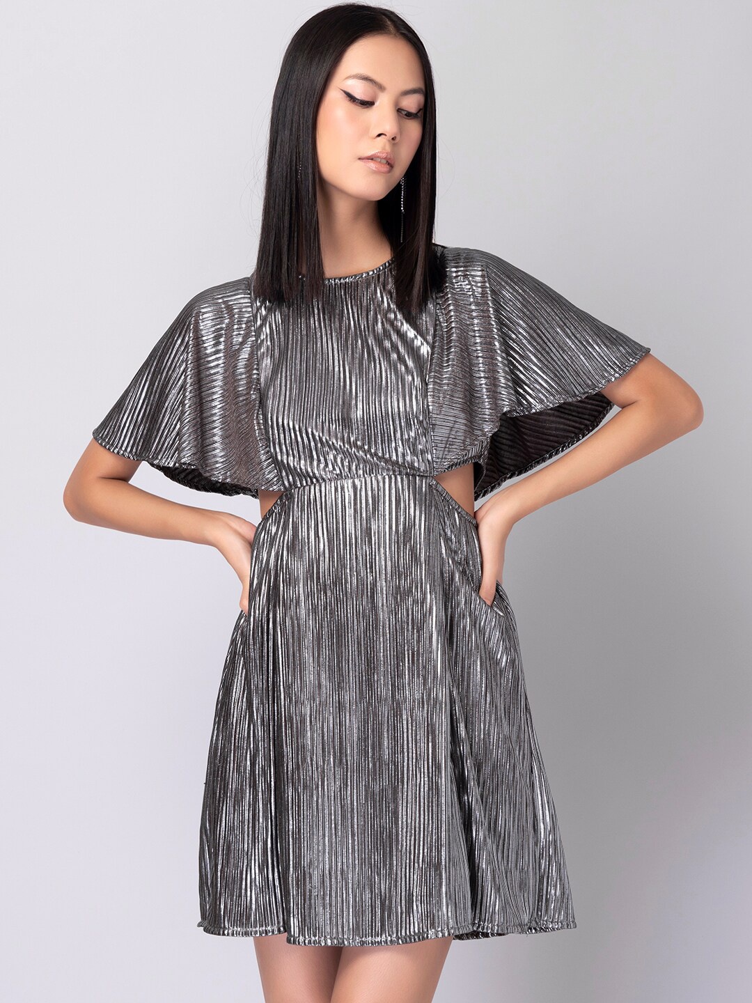 

FabAlley Women Grey Striped Fit And Flare Dress
