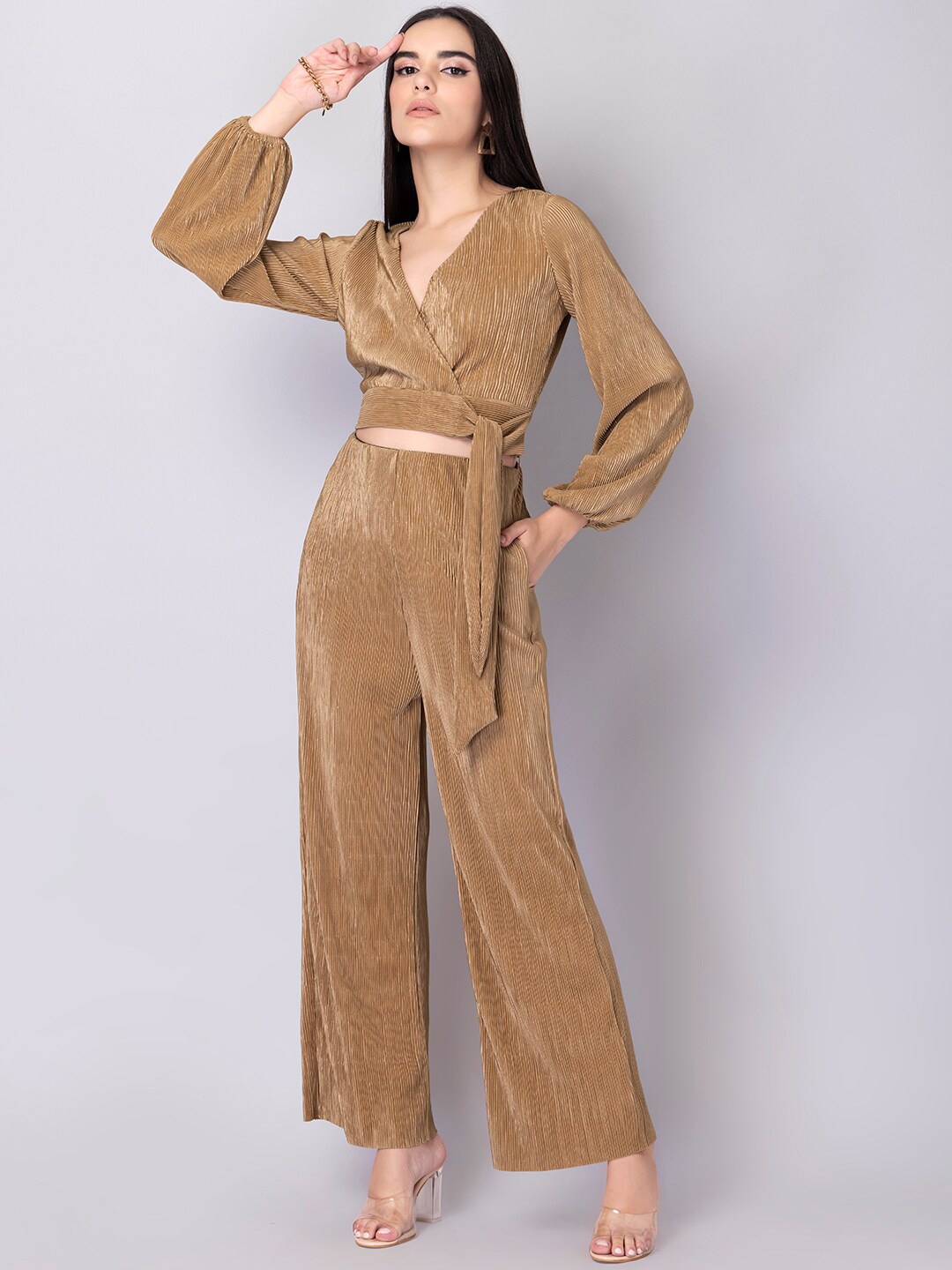 

FabAlley Women Beige Wrap Top with Trousers