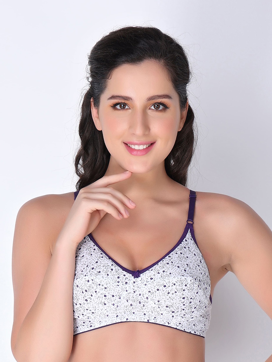

Innocence White & Purple Printed Non-Padded Cotton Lingerie Set