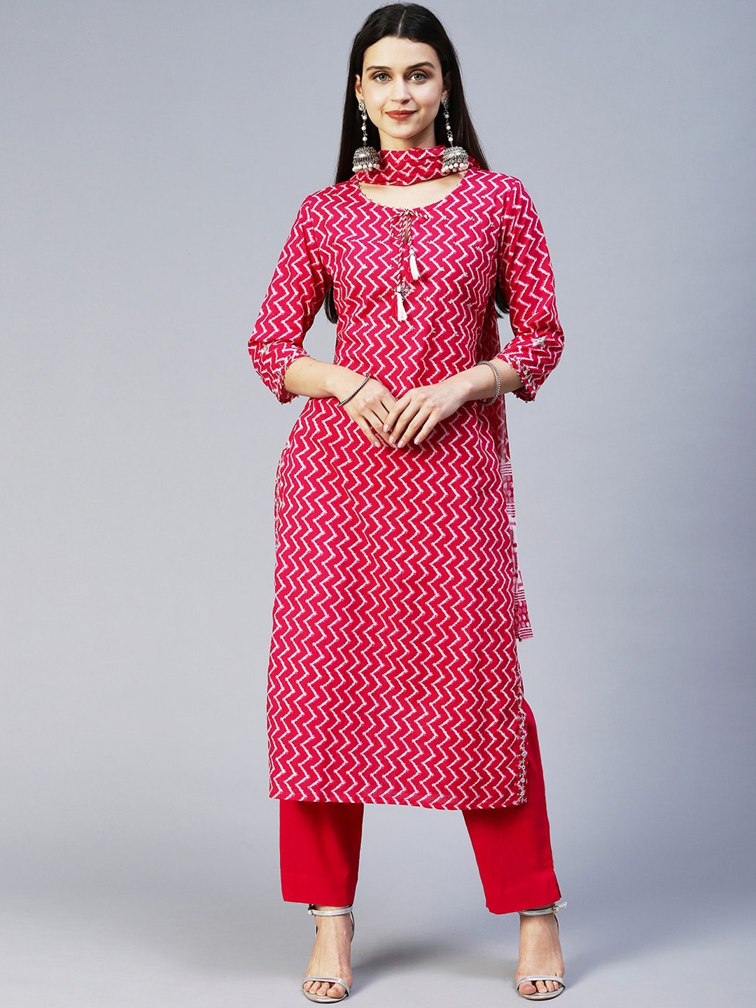 

FASHOR Women Magenta Printed Pure Cotton Kurta with Trousers & With Dupatta