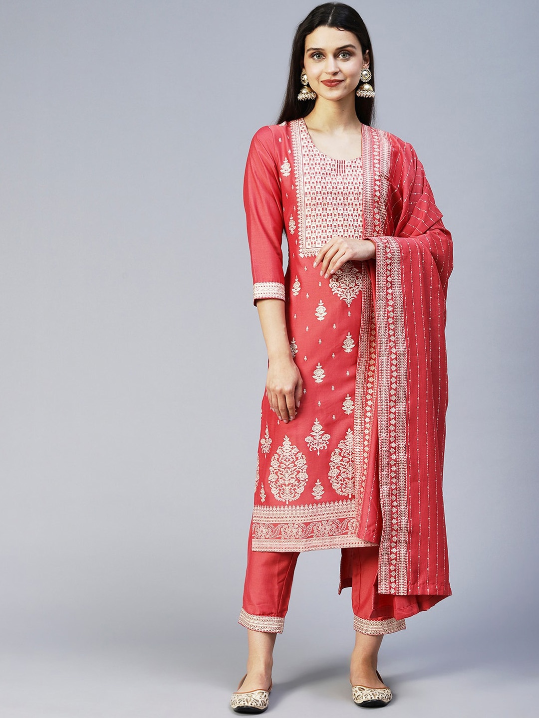 

FASHOR Women Pink Ethnic Motifs Printed Kurta With Trousers & With Dupatta