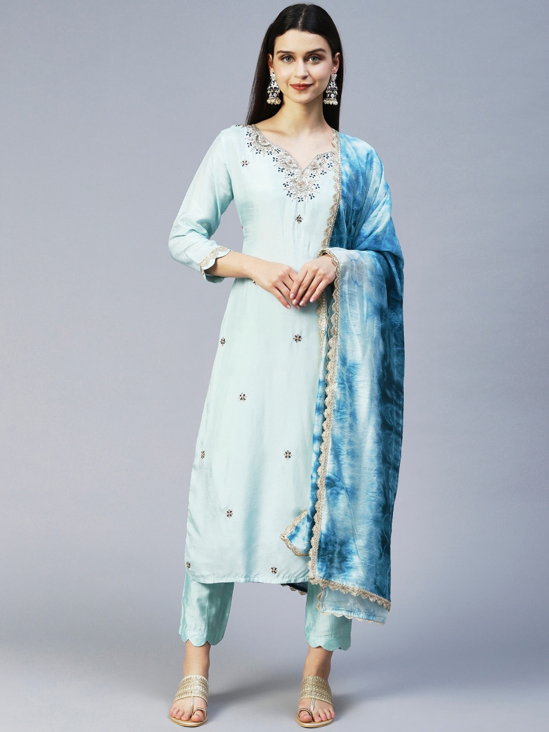 

FASHOR Women Blue Ethnic Motifs Embroidered Kurta With Trousers & With Dupatta