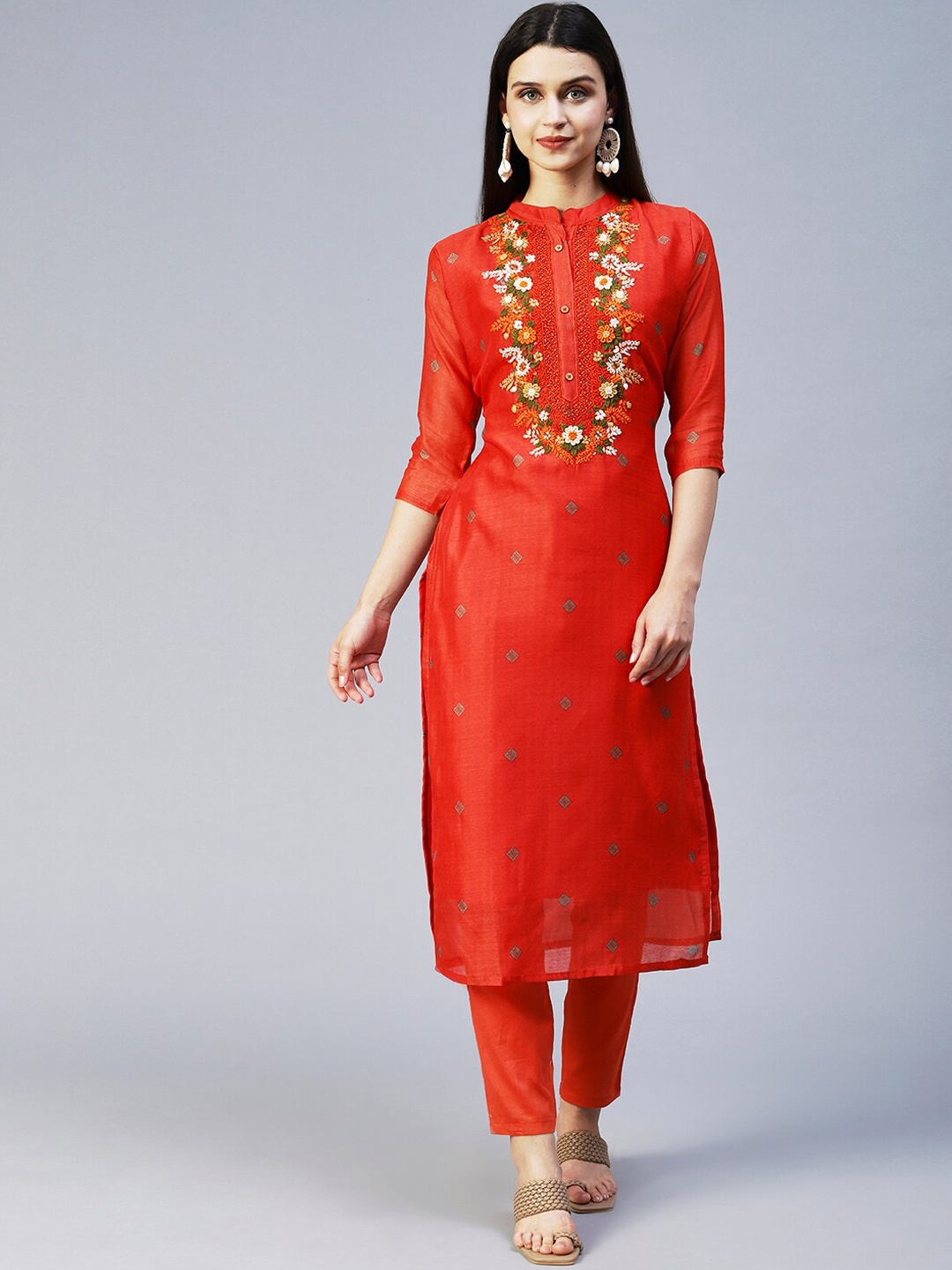 

FASHOR Women Rust Floral Embroidered Sequinned Chanderi Silk Kurta With Trousers