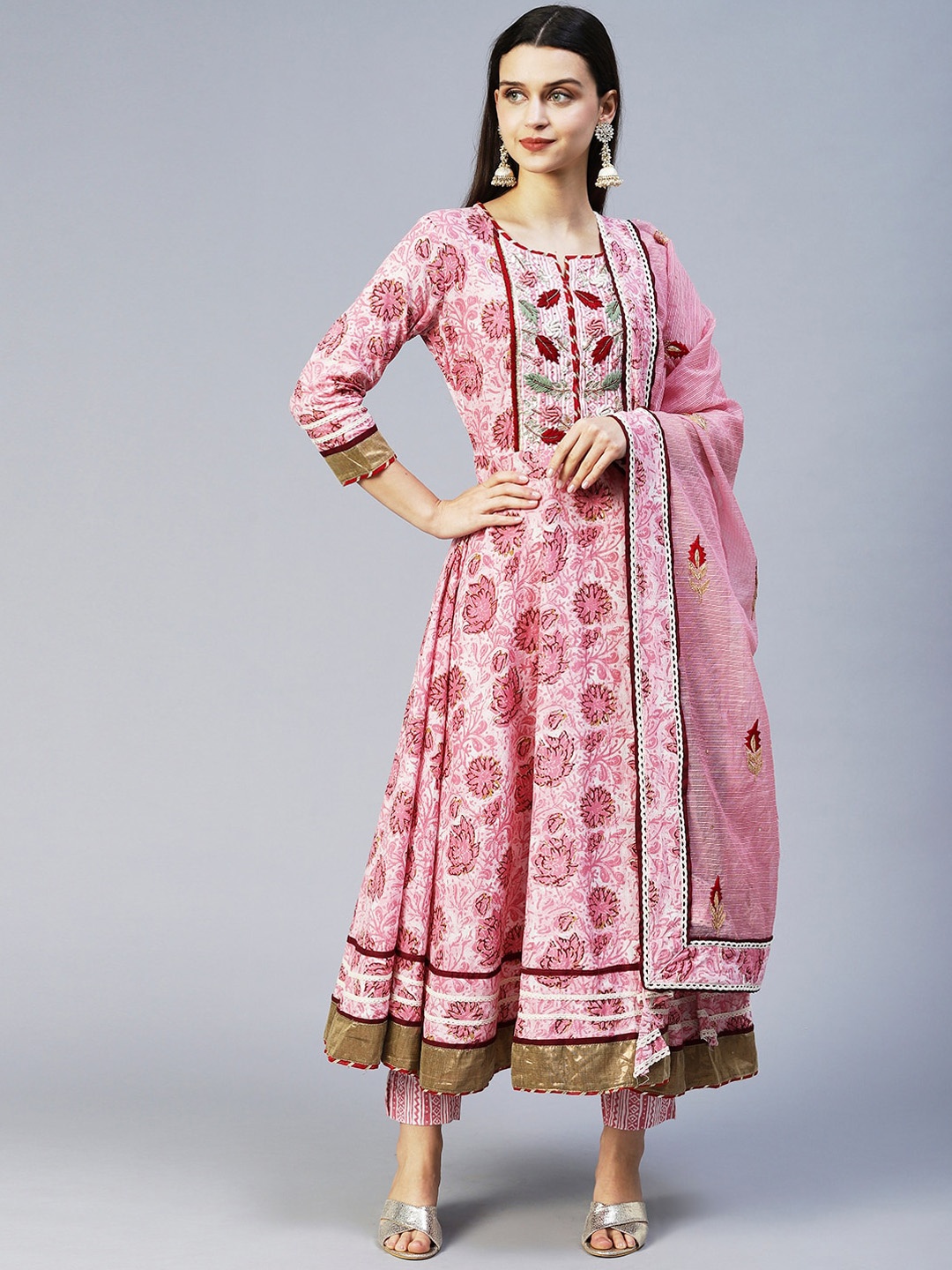 

FASHOR Women Pink Floral Printed Pure Cotton Kurta With Trousers & With Dupatta