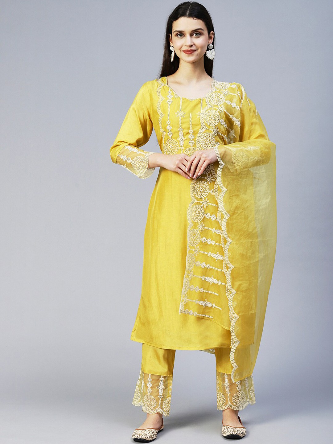 

FASHOR Women Yellow Ethnic Motifs Thread Work Kurta With Trousers & With Dupatta
