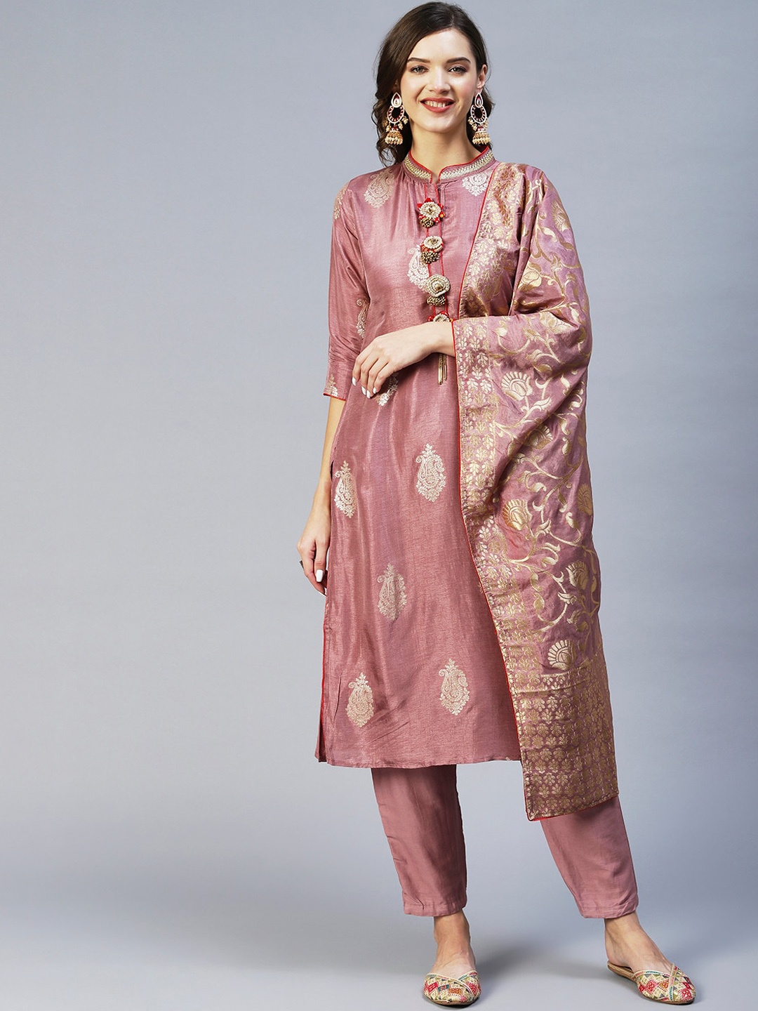 

FASHOR Women Rose Gold Ethnic Motifs Embroidered Kurta With Trousers & With Dupatta