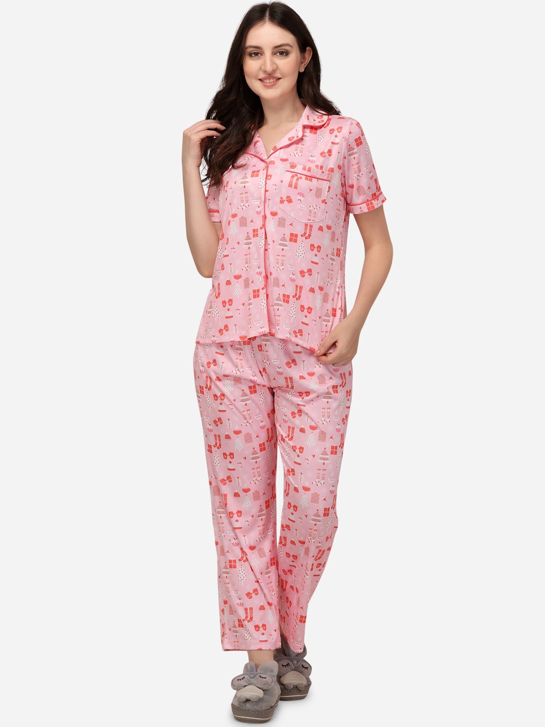 

Prettify Women Pink & Red Printed Night suit