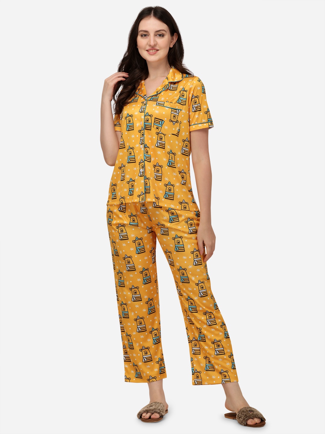

Prettify Graphic Printed Satin Night suit, Yellow