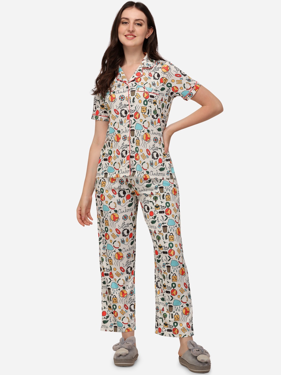 

Prettify Women White & Blue Printed Night Suit