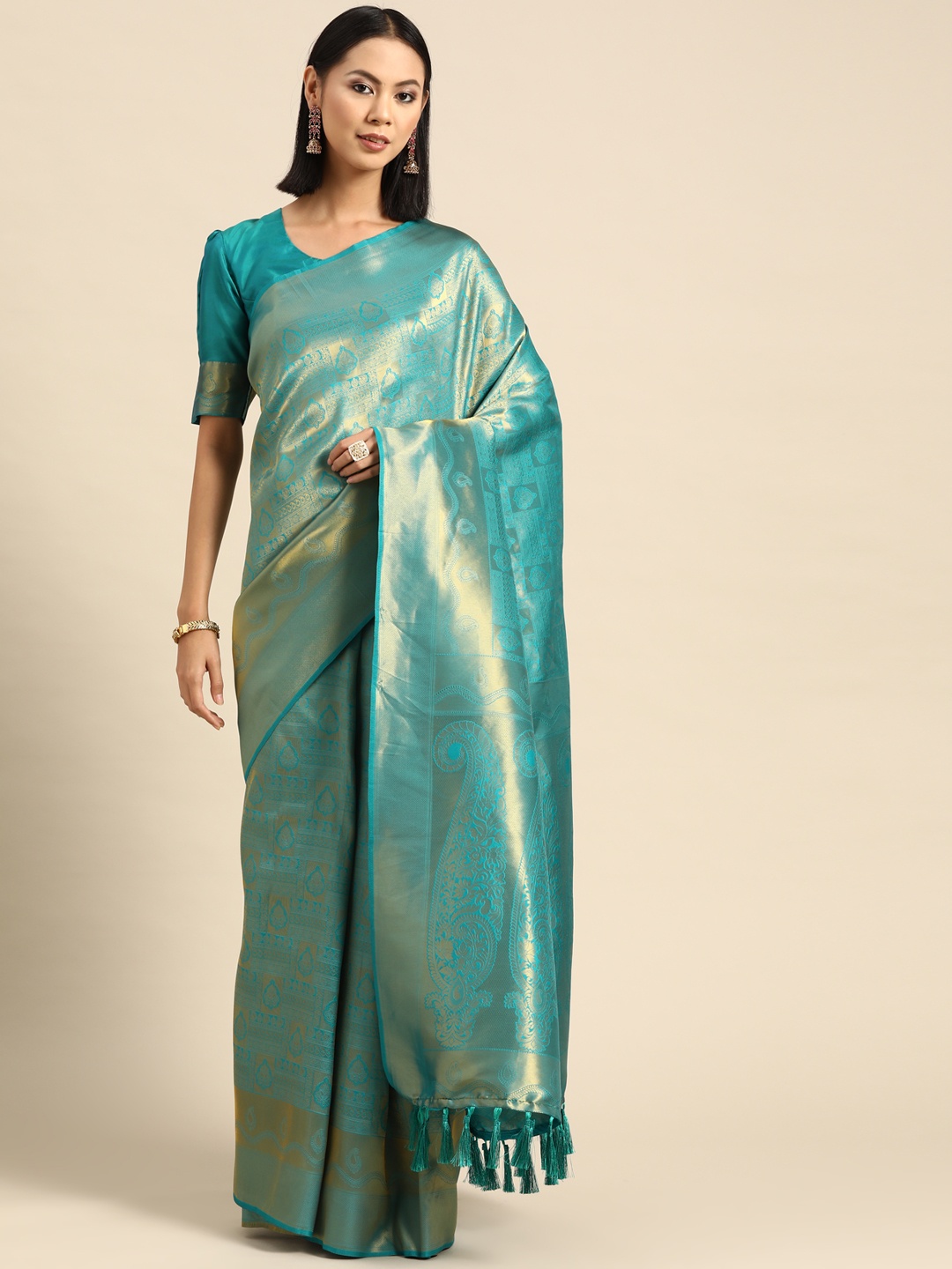 

Vardha Ethnic Motifs Zari Silk Blend Kanjeevaram Saree, Turquoise blue