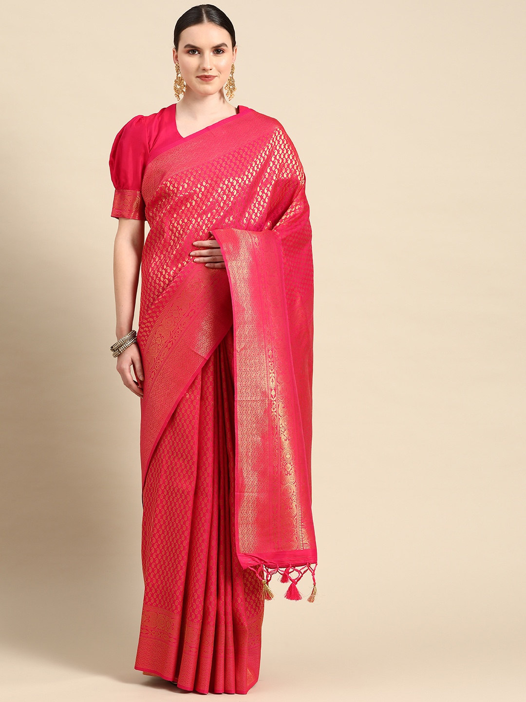 

Vardha Paisley Zari Silk Blend Kanjeevaram Saree, Pink