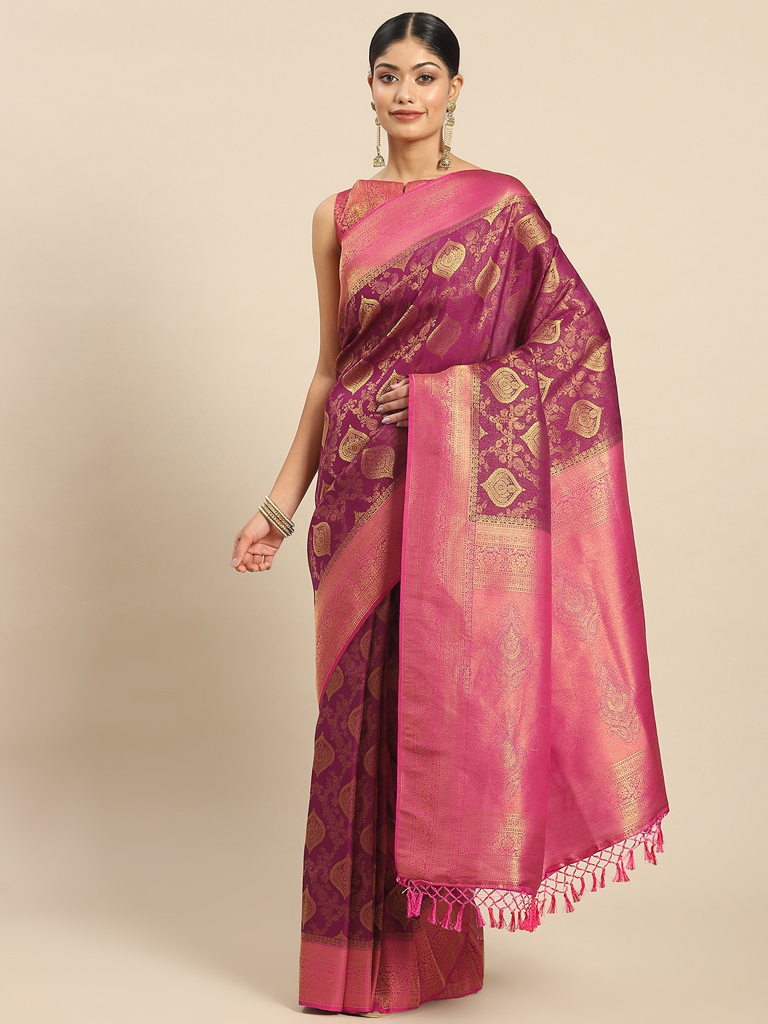 

Vardha Ethnic Motifs Zari Silk Blend Kanjeevaram Saree, Magenta