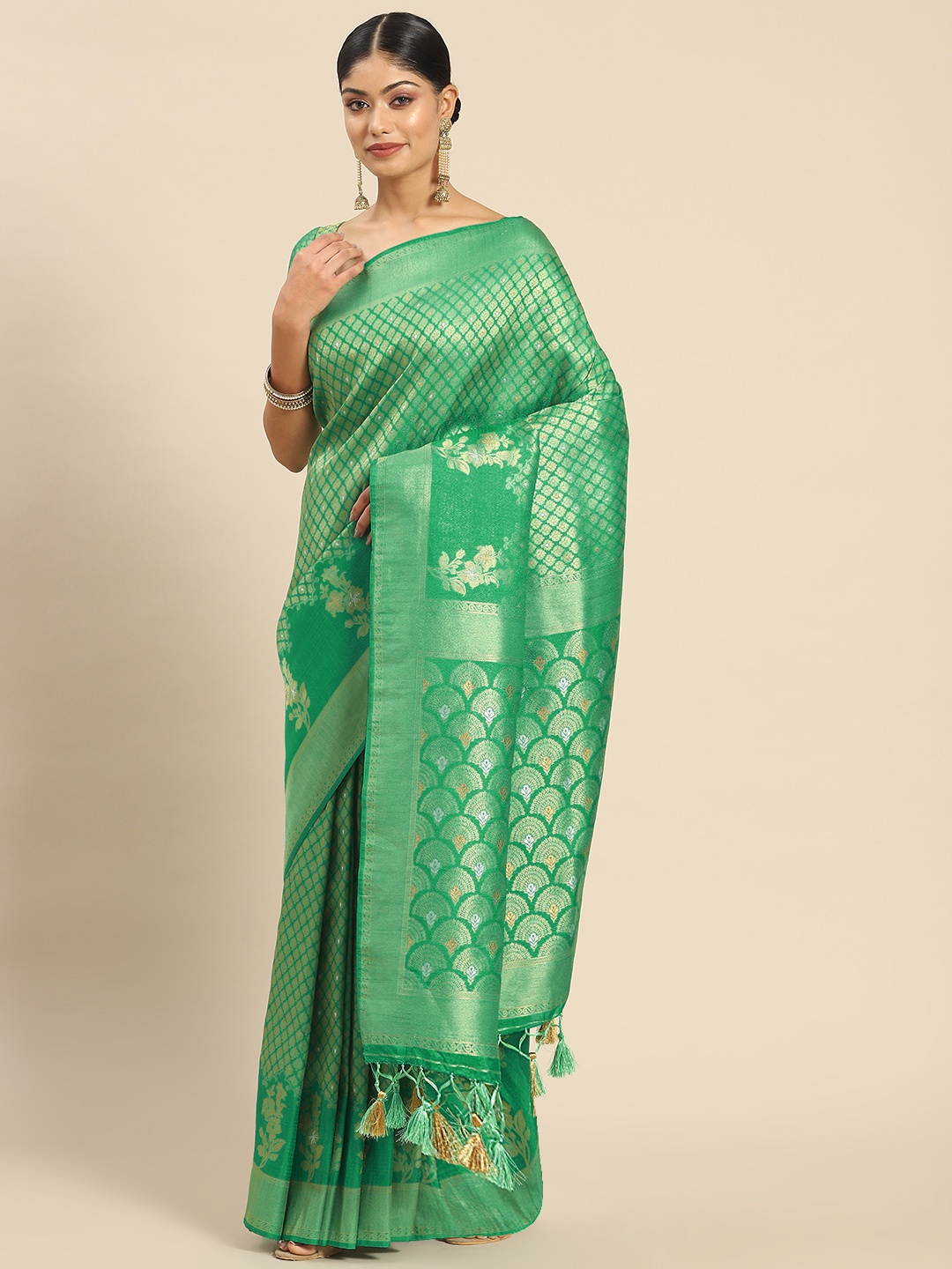 

Vardha Ethnic Motifs Zari Silk Blend Kanjeevaram Saree, Green