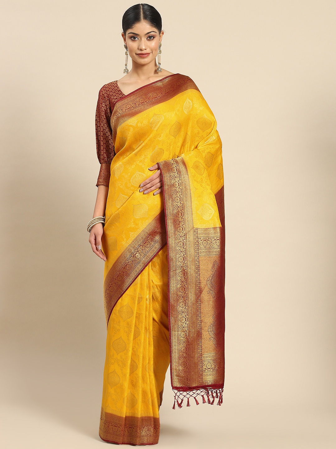 

Vardha Ethnic Motifs Zari Silk Blend Kanjeevaram Saree, Yellow