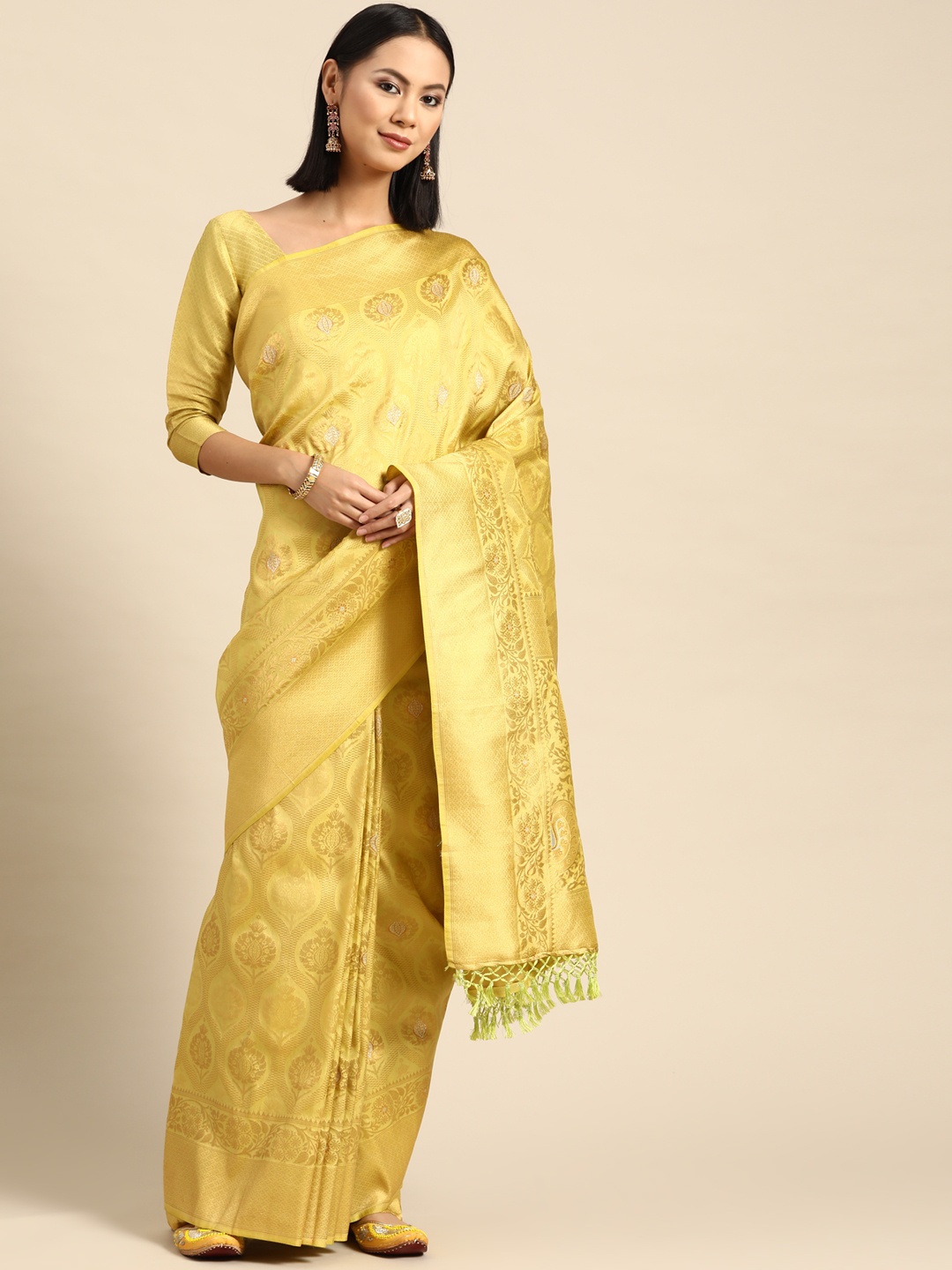 

Vardha Ethnic Motifs Zari Silk Blend Kanjeevaram Saree, Yellow