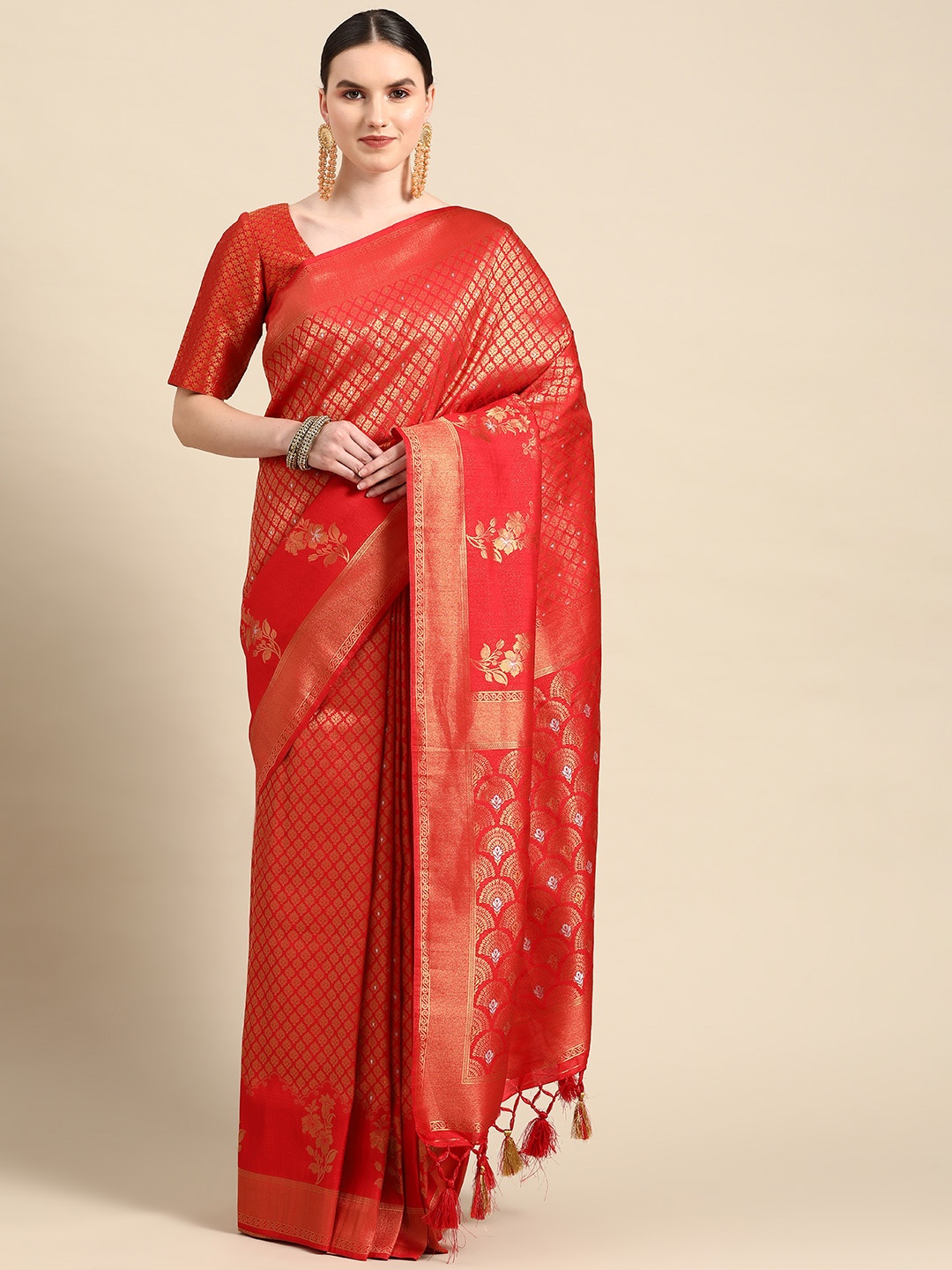 

Vardha Ethnic Motifs Zari Silk Blend Kanjeevaram Saree, Red