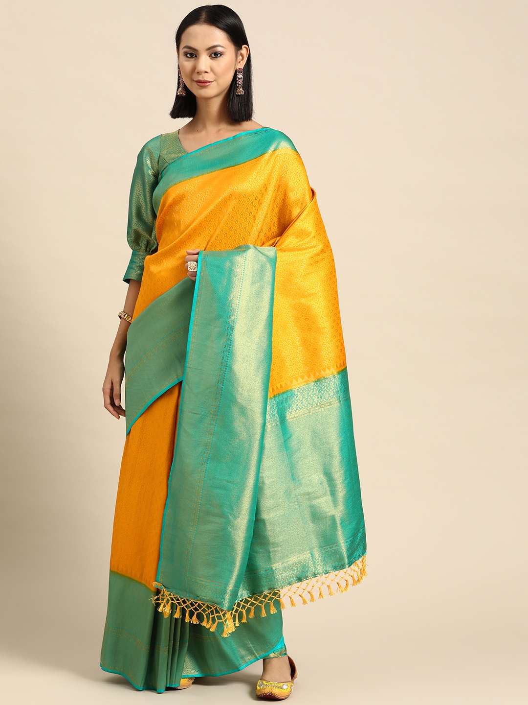 

Vardha Ethnic Motifs Zari Silk Blend Kanjeevaram Saree, Mustard