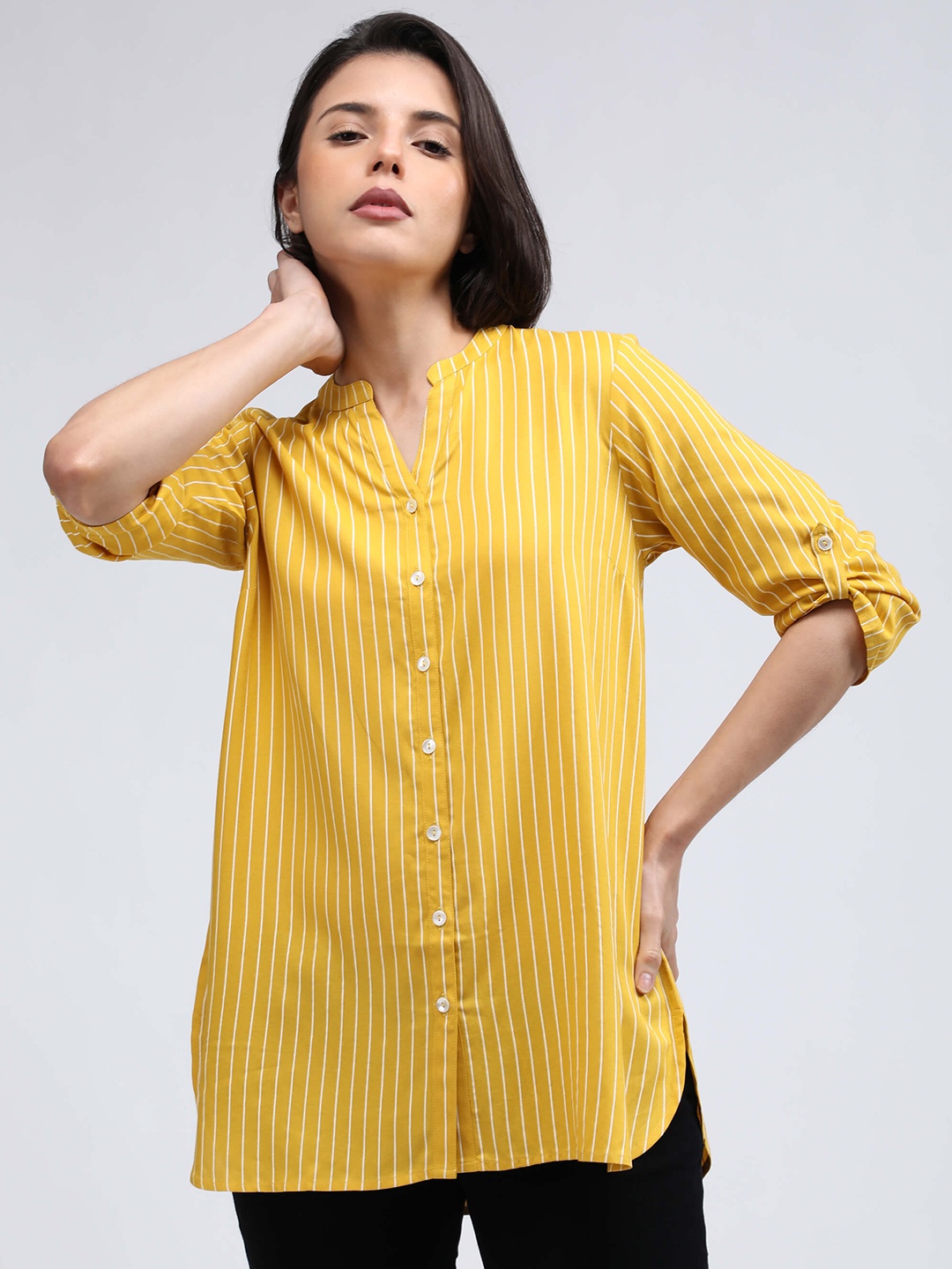 

IDK Yellow & White Striped Mandarin Collar Roll-Up Sleeves Shirt Style Top