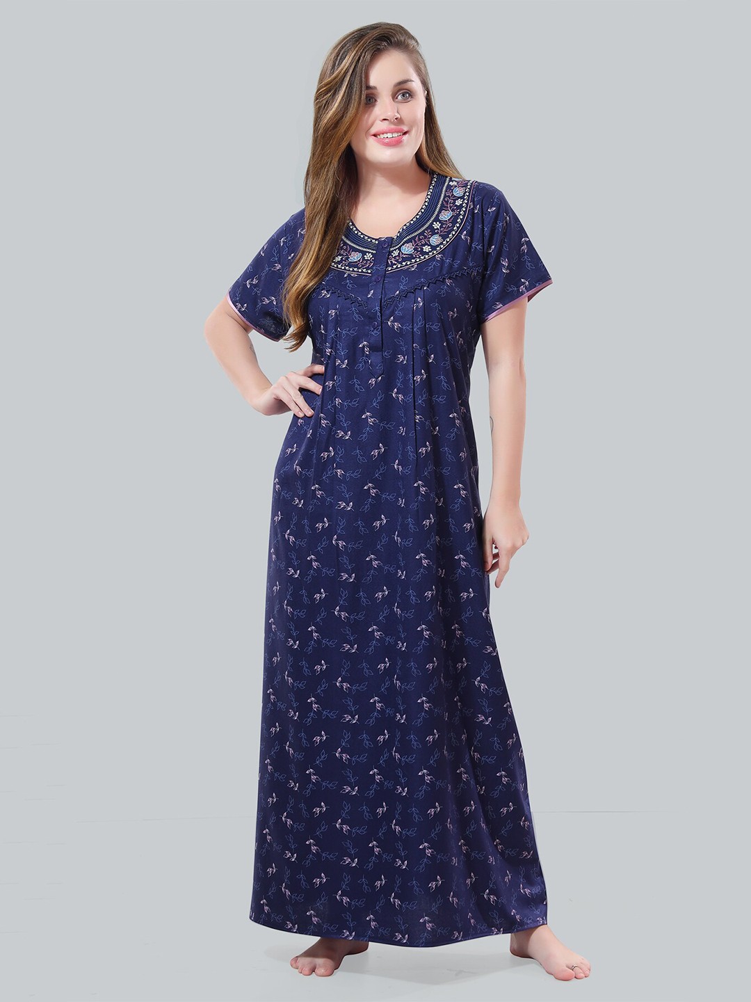 

Be You Navy Blue Embroidered Maxi Nightdress