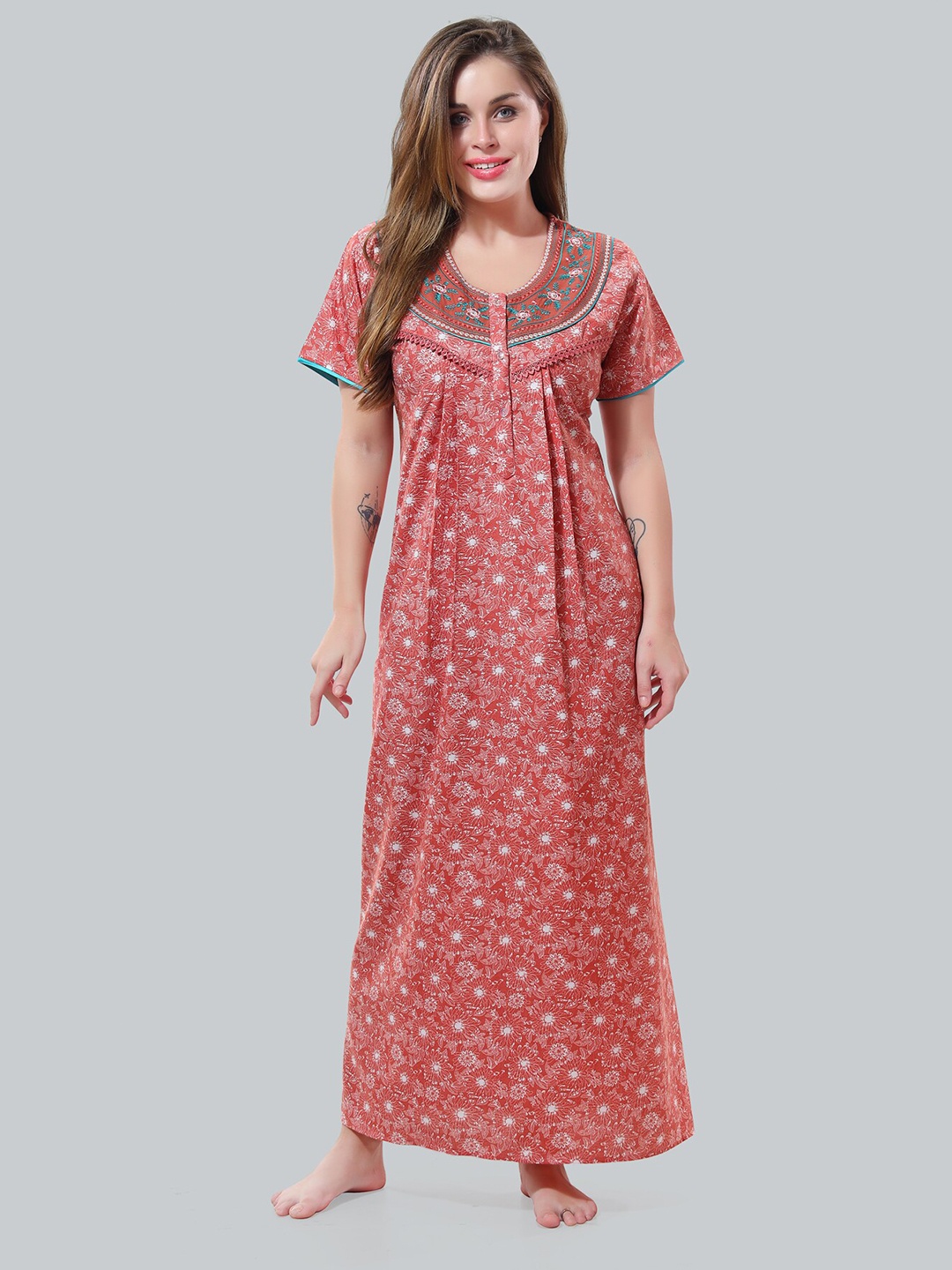 

Be You Peach-Coloured Embroidered Maxi Nightdress