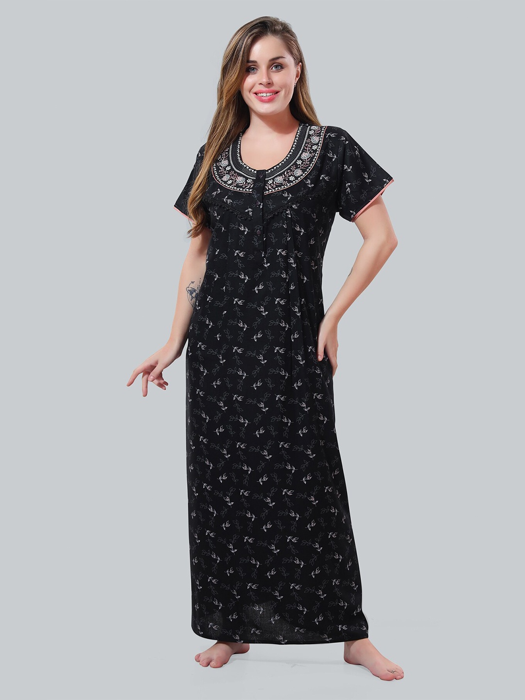 

Be You Black Embroidered Maxi Nightdress