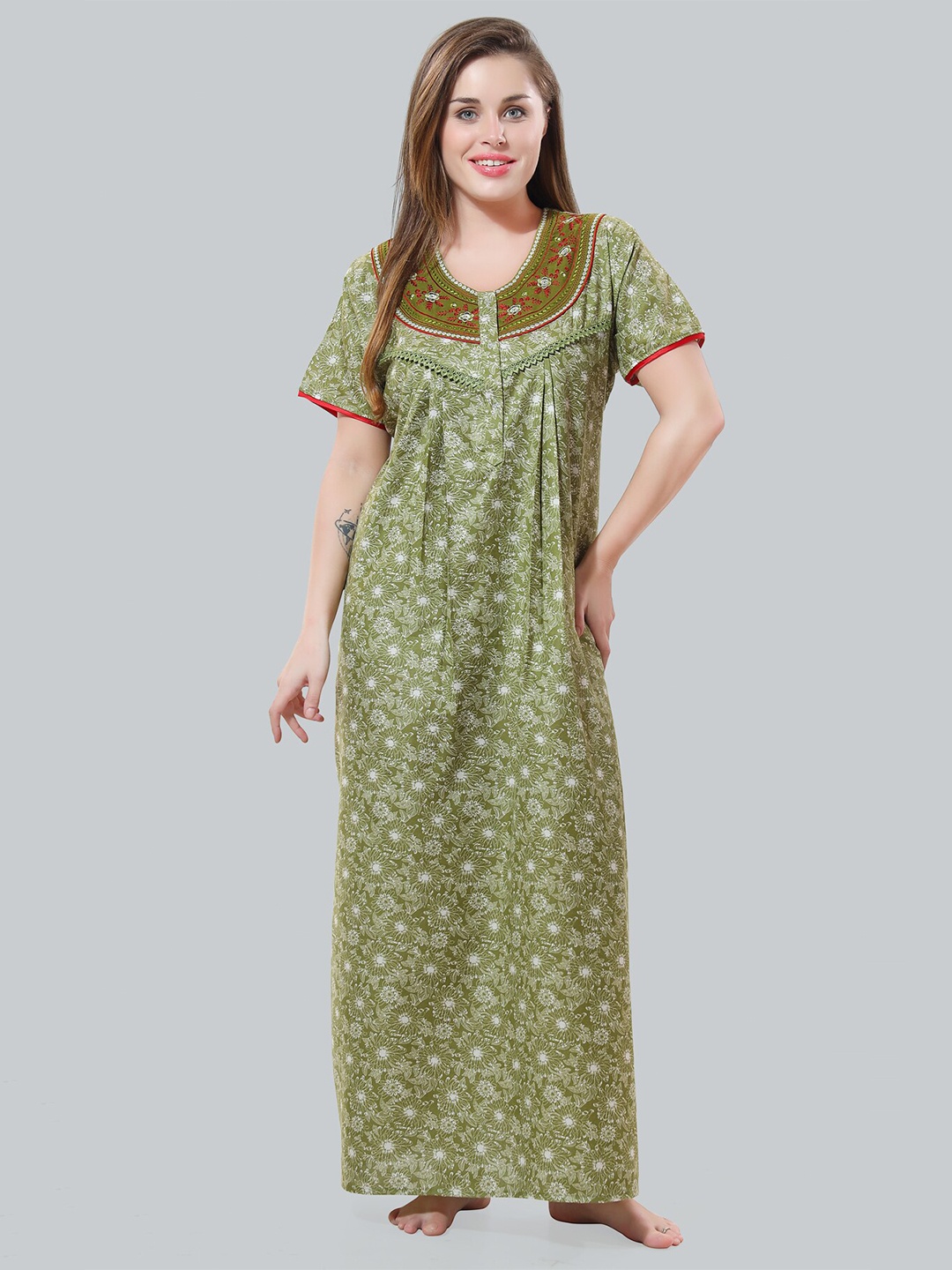 

Be You Olive Green Embroidered Maxi Nightdress