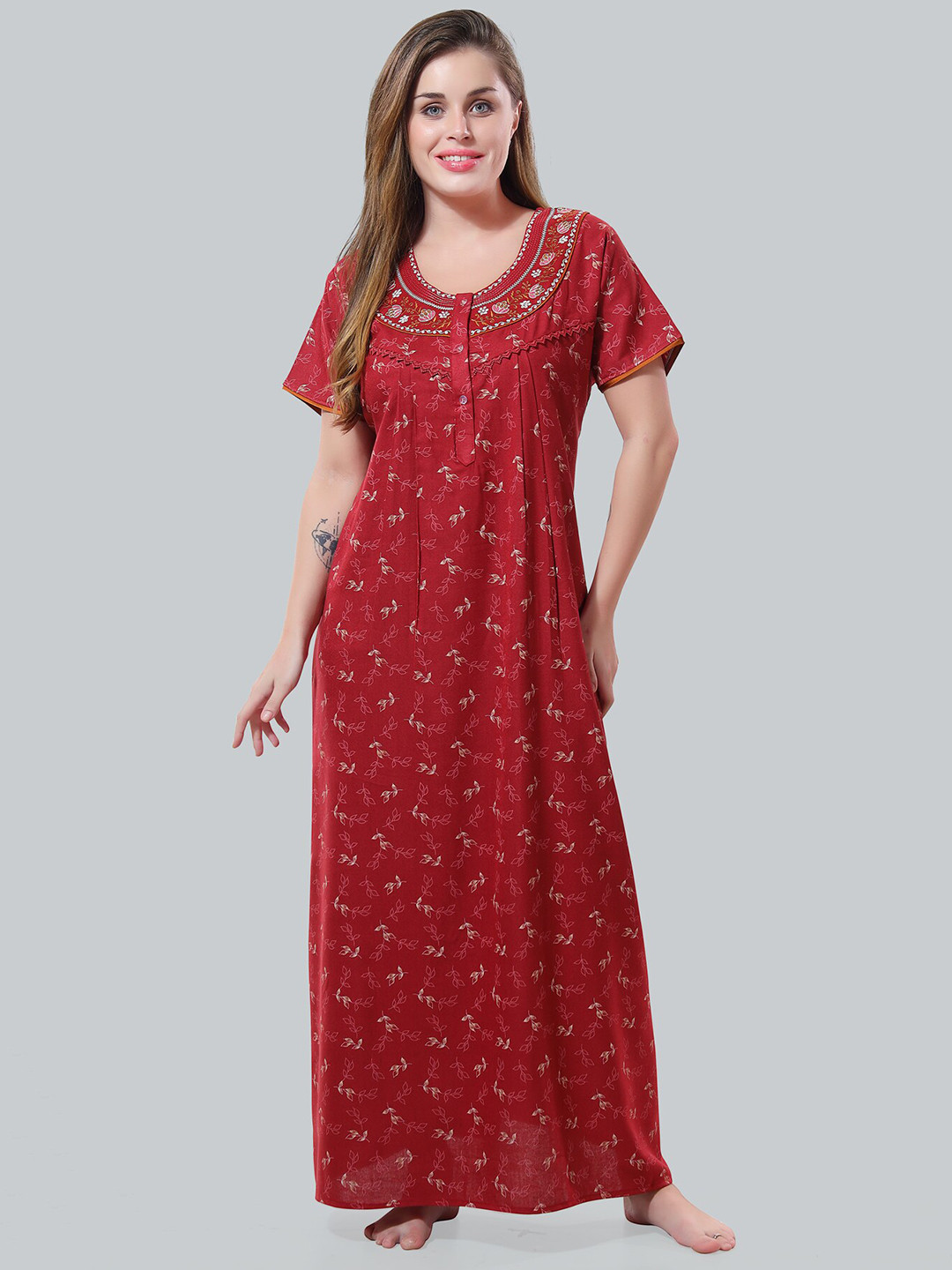 

Be You Maroon Embroidered Maxi Nightdress