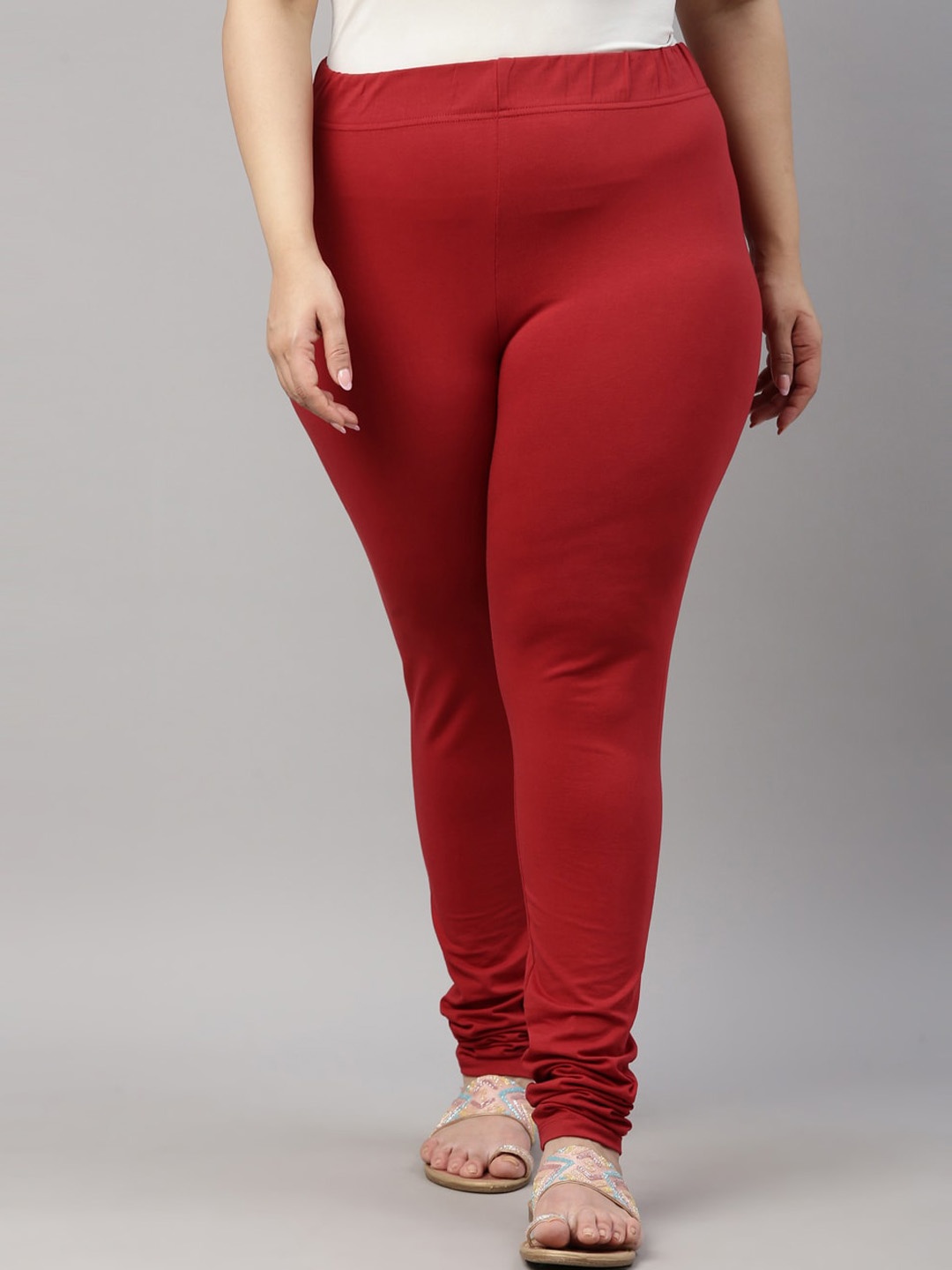 

Go Colors Women Plus Size Red Cotton Slim-Fit Churidar Length Leggings