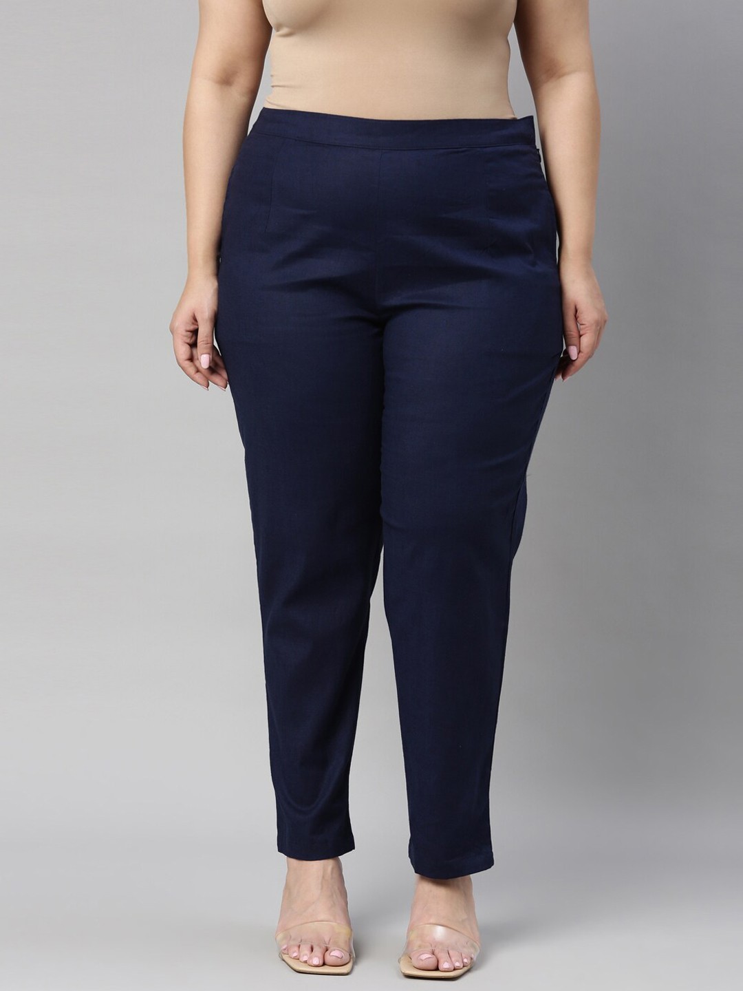 

Go Colors Women Plus Size Navy Blue Tailored Tapered Fit Trousers