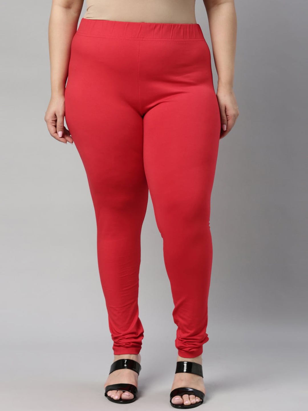 

Go Colors Women Plus Size Red Cotton Slim-Fit Churidar Length Leggings