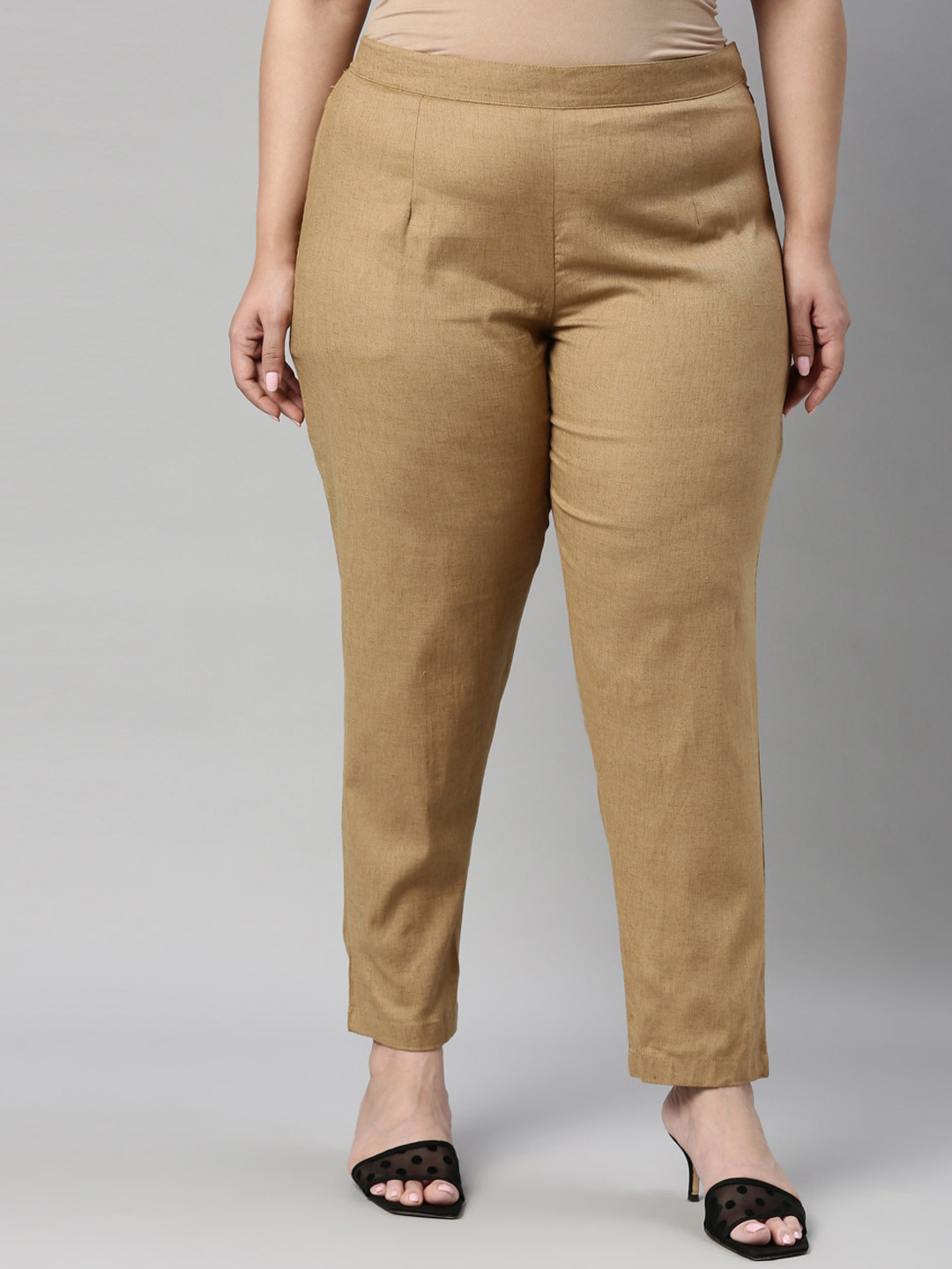 

Go Colors Women Plus Size Brown Tailored Tapered Fit Trousers