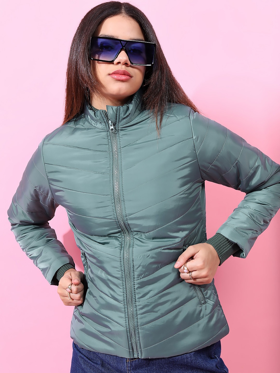 

Tokyo Talkies Women Green Mock Collar Puffer Jacket